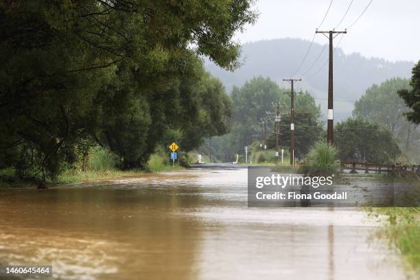 Flooding continues to block roads in Kaipara Flats in Auckland's no on January 30, 2023 in Auckland, New Zealand. New Zealand's largest city,...