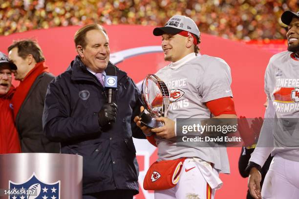 Patrick Mahomes of the Kansas City Chiefs celebrates with the Lamar Hunt Trophy after defeating the Cincinnati Bengals 23-20 in the AFC Championship...