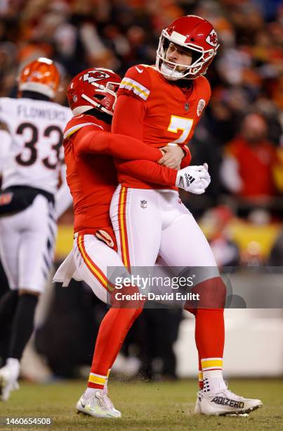 Harrison Butker of the Kansas City Chiefs celebrates after kicking the game winning field goal to defeat the Cincinnati Bengals 23-20 in the AFC...