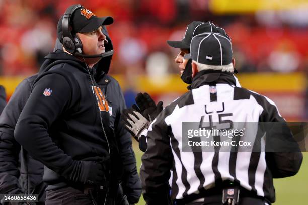 Head coach Zac Taylor of the Cincinnati Bengals talks with referees during the fourth quarter against the Kansas City Chiefs in the AFC Championship...