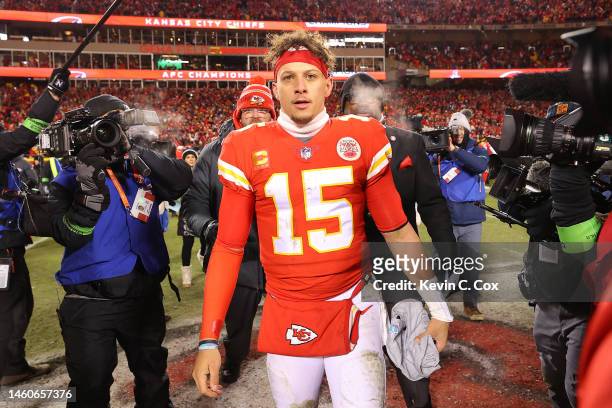Patrick Mahomes of the Kansas City Chiefs celebrates after defeating the Cincinnati Bengals 23-20 in the AFC Championship Game at GEHA Field at...