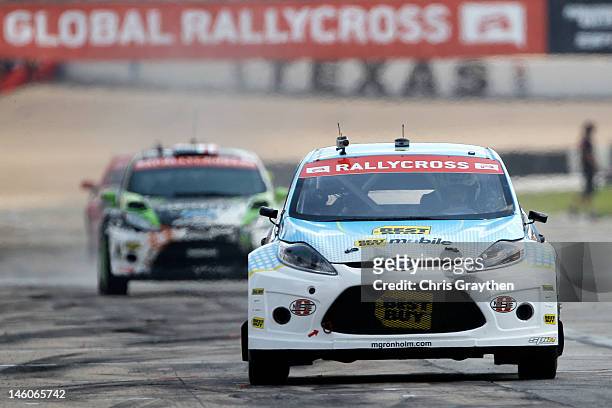 Marcus Gronholm, driver of the Best Buy Mobile/OMSE 2012 Ford Fiesta, races during the Hoon KaboomTX Global Rallycross Championship at Texas Motor...