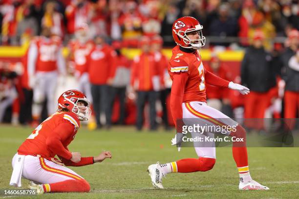 Harrison Butker of the Kansas City Chiefs kicks the game winning field goal to defeat the Cincinnati Bengals 23-20 in the AFC Championship Game at...