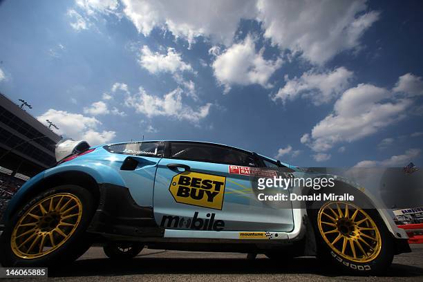 Marcus Gronholm, driver of the Best Buy Mobile/OMSE 2012 Ford Fiesta, races during the Hoon KaboomTX Global Rallycross Championship at Texas Motor...