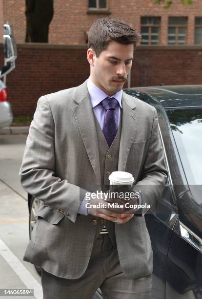 New Jersey Devils player Adam Henrique arrives at the Los Angeles Kings vs the New Jersey Devils game five during the 2012 Stanley Cup final at the...