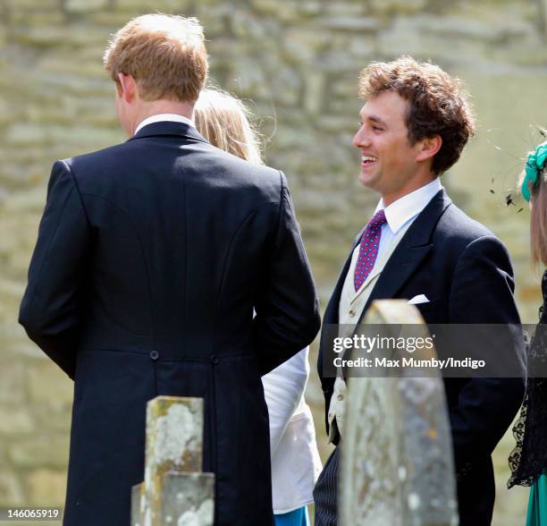 Prince Harry and Thomas van Straubenzee attend the wedding of Emily McCorquodale and James Hutt at The Church of St Andrew and St Mary, Stoke...