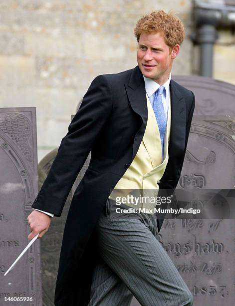 Prince Harry attends the wedding of Emily McCorquodale and James Hutt at The Church of St Andrew and St Mary, Stoke Rochford on June 9, 2012 in...