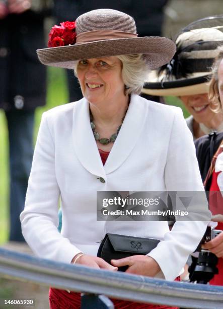 Lady Jane Fellowes attends the wedding of her neice Emily McCorquodale and James Hutt at The Church of St Andrew and St Mary, Stoke Rochford on June...