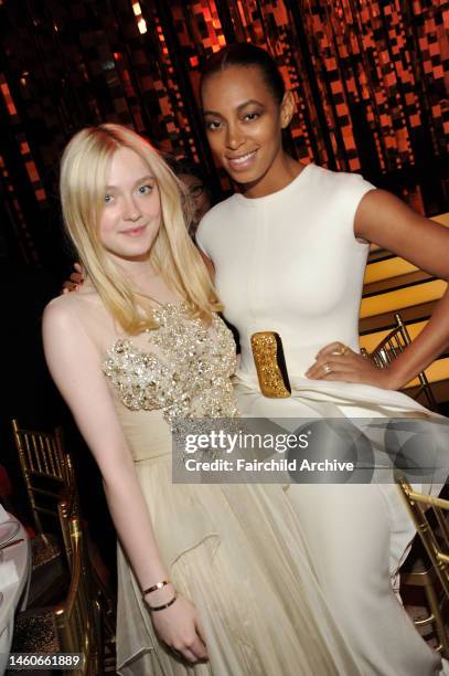 Dakota Fanning and Solange Knowles attend the DKMS 6th annual Linked Against Blood Cancer gala at Cipriani. Knowles wears look 8 from...