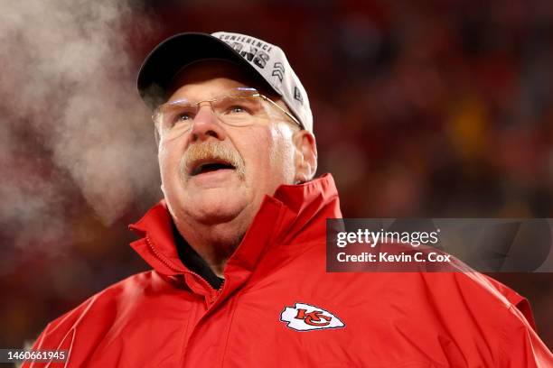 Head coach Andy Reid of the Kansas City Chiefs celebrates after defeating the Cincinnati Bengals 23-20 in the AFC Championship Game at GEHA Field at...