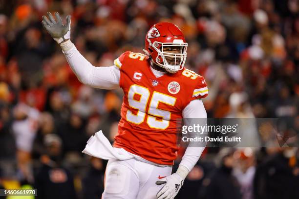 Chris Jones of the Kansas City Chiefs reacts after sacking Joe Burrow of the Cincinnati Bengals during the fourth quarter in the AFC Championship...