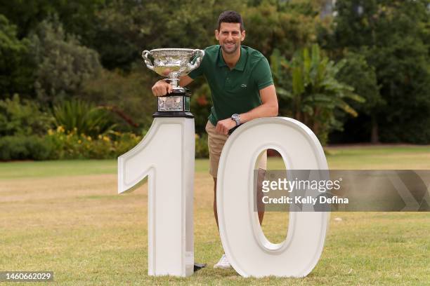 Novak Djokovic of Serbia poses with the Norman Brookes Challenge Cup after winning the 2023 Australian Open, on January 30, 2023 in Melbourne,...