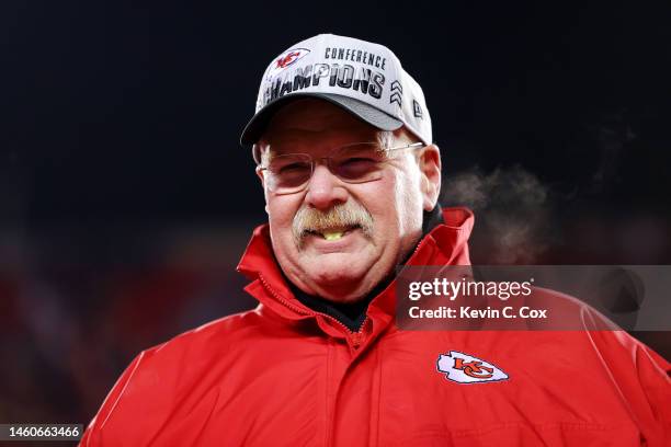 Head coach Andy Reid of the Kansas City Chiefs celebrates after defeating the Cincinnati Bengals 23-20 in the AFC Championship Game at GEHA Field at...