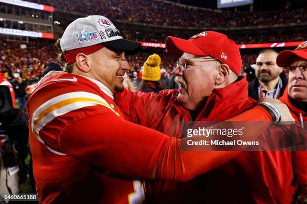 Patrick Mahomes of the Kansas City Chiefs celebrates with head coach Andy Reid after defeating the Cincinnati Bengals in the AFC Championship NFL...