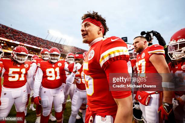 Patrick Mahomes of the Kansas City Chiefs leads a huddle prior to the AFC Championship NFL football game between the Kansas City Chiefs and the...
