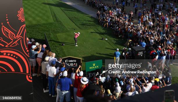 Rory McIlroy of Northern Ireland tees off on the 17th hole during Day Four of the Hero Dubai Desert Classic at Emirates Golf Club on January 29, 2023...