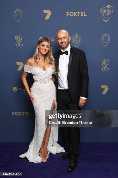 Nathan Lyon and wife Emma arrive ahead of the 2023 Australian Cricket Awards at Royal Randwick Racecourse on January 30, 2023 in Sydney, Australia.