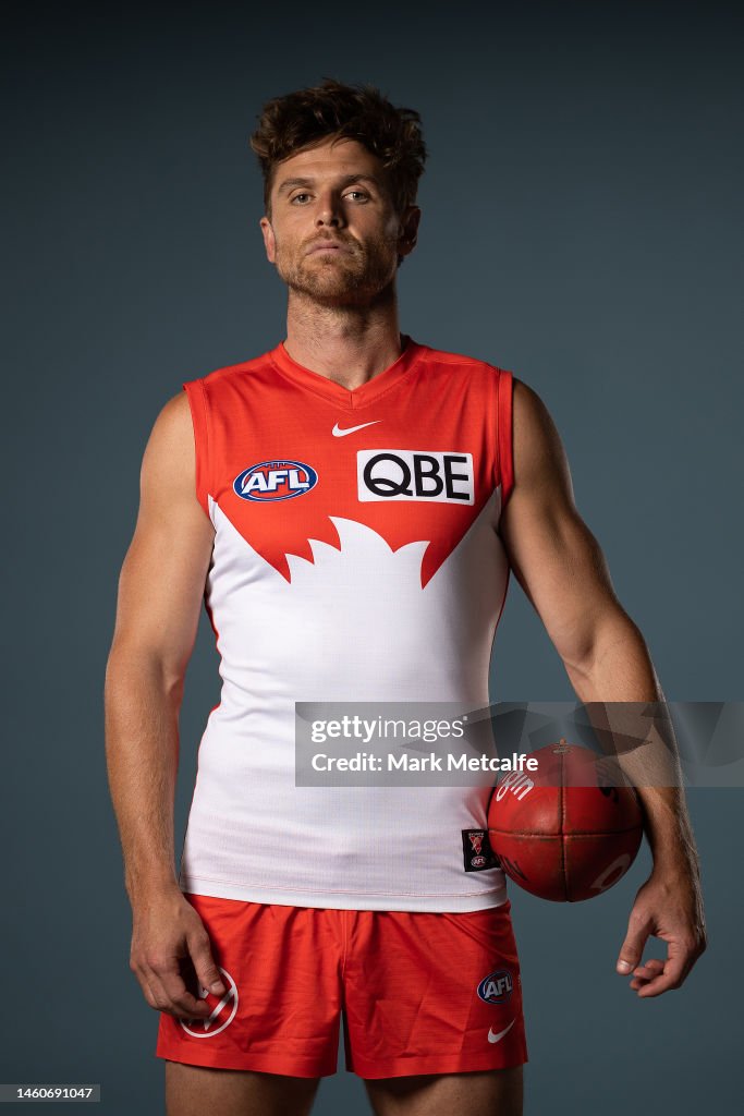 Dane Ralfe Dane Rampe poses during the Sydney Swans 2023 AFL team photo day at ...