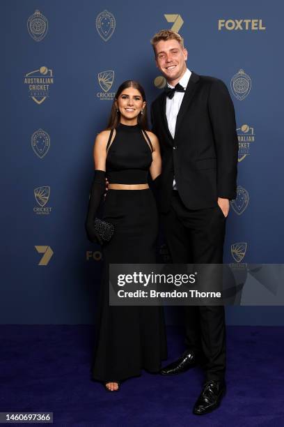 Cameron Green and girlfriend Emily Redwood arrive ahead of the 2023 Australian Cricket Awards at Royal Randwick Racecourse on January 30, 2023 in...