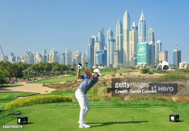 Rory McIlroy of Northern Ireland plays his tee shot on the eighth hole during the final round on Day Five of the Hero Dubai Desert Classic on The...