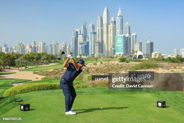 Patrick Reed of The United States plays his tee shot on the eighth hole during the final round on Day Five of the Hero Dubai Desert Classic on The...