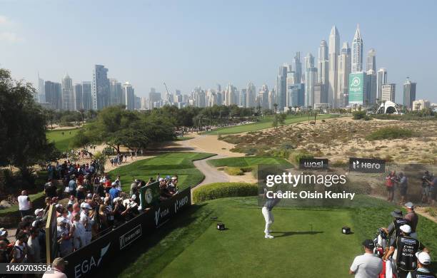 Rory McIlroy of Northern Ireland tees off on the 8th hole during the Final Round on Day Five of the Hero Dubai Desert Classic at Emirates Golf Club...