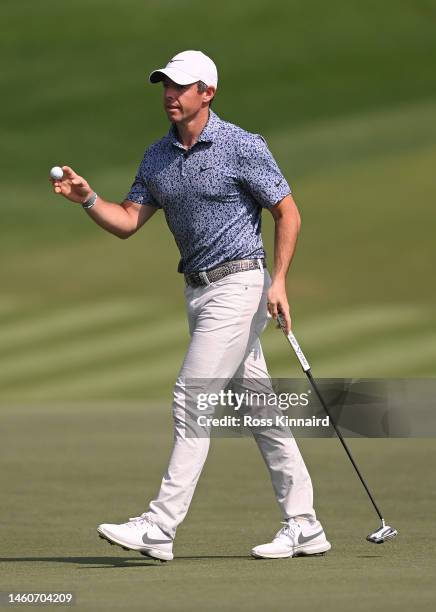 Rory McIlroy of Northern Ireland acknowledges the crowd on the 9th green during the Final Round on Day Five of the Hero Dubai Desert Classic at...