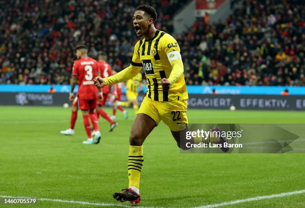 Jude Bellingham of Dortmund celebrates during the Bundesliga match between Bayer 04 Leverkusen and Borussia Dortmund at BayArena on January 29, 2023...