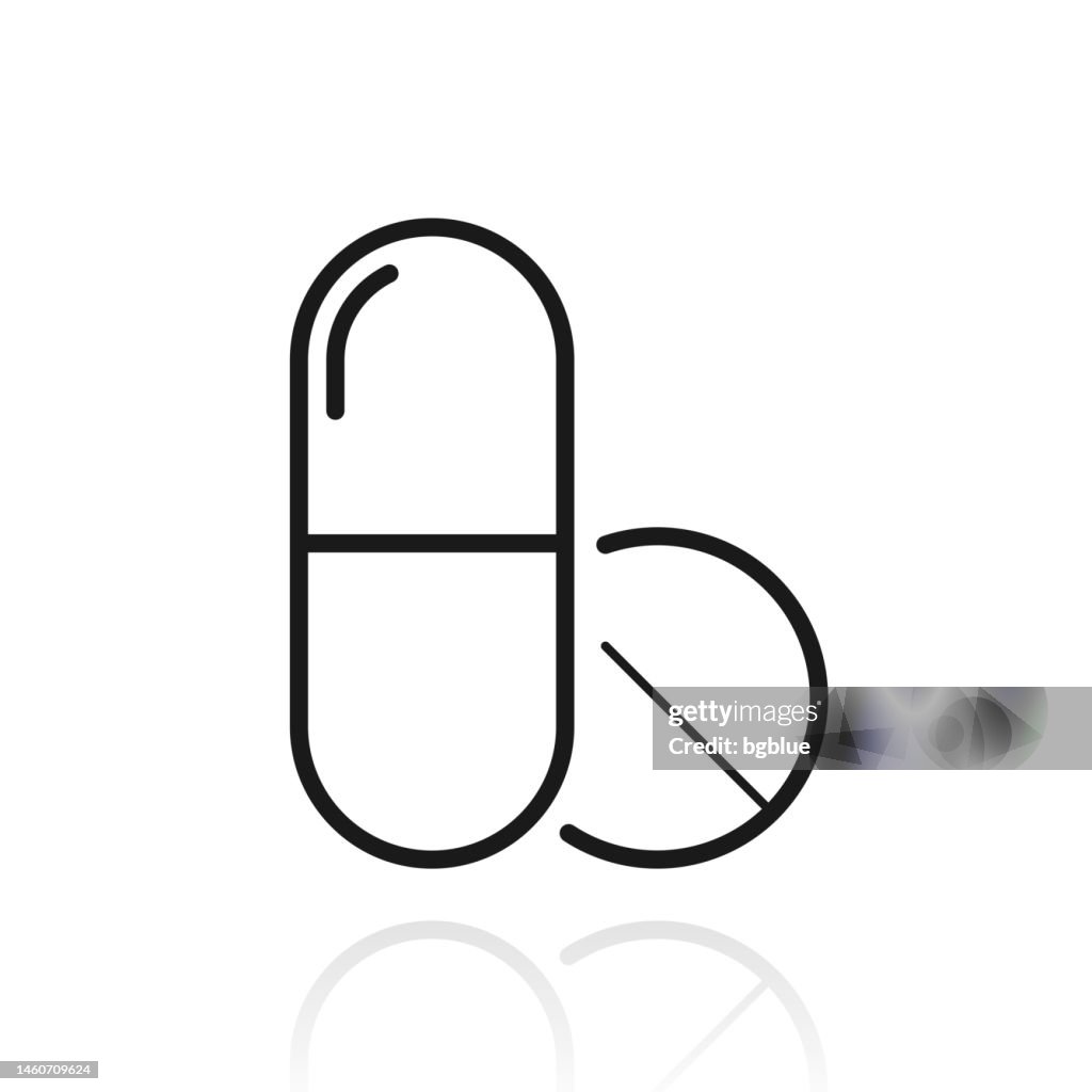 Pills - Medical drugs. Icon with reflection on white background