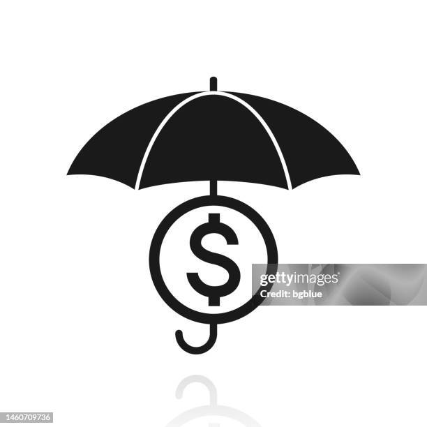 dollar coin under umbrella. icon with reflection on white background - 401k-icon stock illustrations