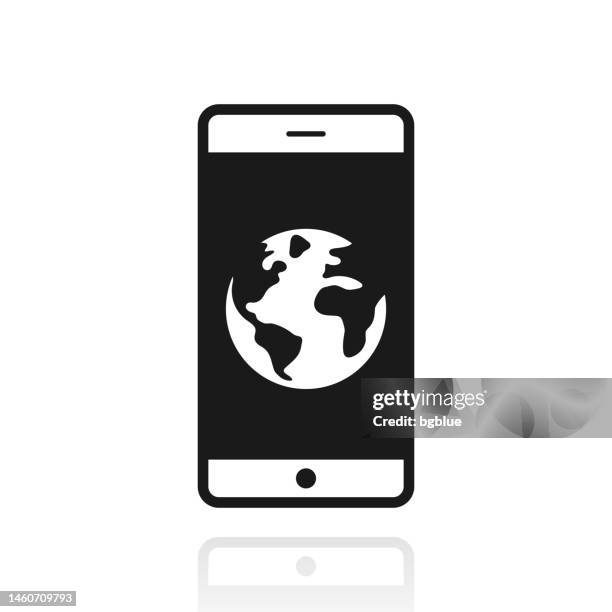 smartphone with earth. icon with reflection on white background - phone symmetry stock illustrations