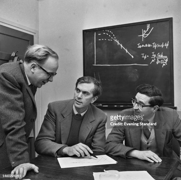 British astronomers Dr Francis Graham Smith, Professor Martin Ryle and Dr Antony Hewish of the Mullard Radio Astronomy Observatory near Cambridge, on...