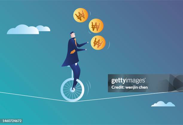 business man performing acrobatics with korean won on a wire rope - high wire act stock illustrations
