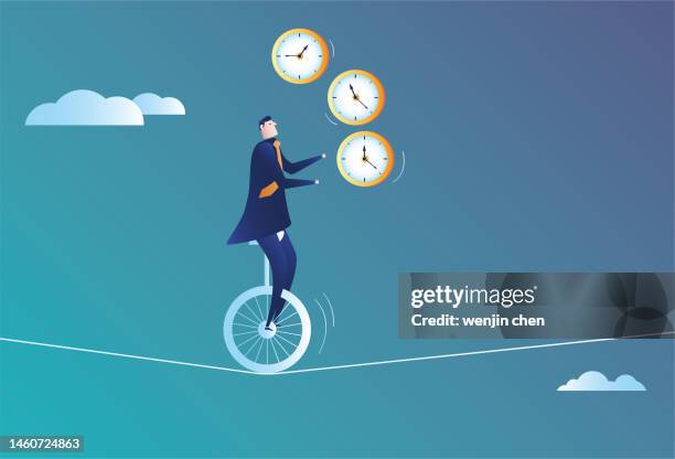 geschäftsmann, der akrobatik an einem drahtseil vorführt und mit der uhr jongliert - hochseil stock-grafiken, -clipart, -cartoons und -symbole