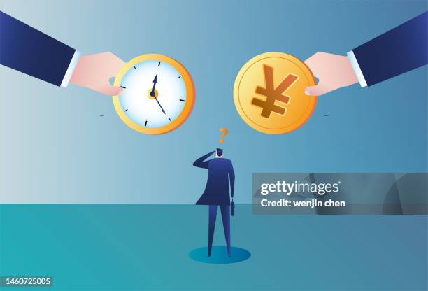 business man getting confused while choosing time and money - asian man question stock illustrations