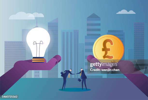 ideas trade with the pound, buy ideas with money - two open hands stock illustrations
