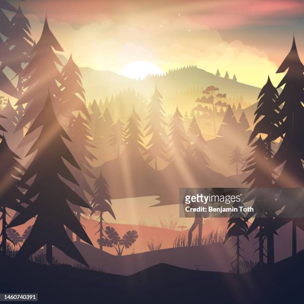 hiker near mountains and a river - fog camper stock illustrations