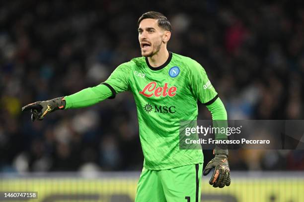 Alex Meret of SSC Napoli in action during the Serie A match between SSC Napoli and AS Roma at Stadio Diego Armando Maradona on January 29, 2023 in...