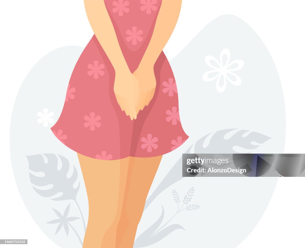 Young woman wearing a dress. Women's hygiene. Menstruation period. Menopause. Urinary incontinence.
