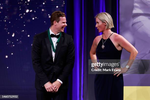 The Allan Border Medallist Steve Smith and Belinda Clark Award winner Beth Mooney are seen during the 2023 Australian Cricket Awards at Royal...
