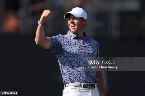 Rory McIlroy of Northern Ireland celebrates victory in the Final Round on Day Five of the Hero Dubai Desert Classic at Emirates Golf Club on January...