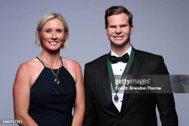 The Belinda Clark Award winner Beth Mooney and Allan Border Medallist Steve Smith pose during the 2023 Australian Cricket Awards at Royal Randwick...