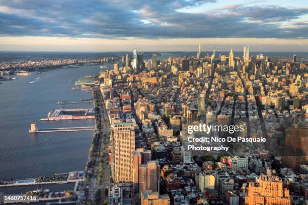 cityscape of new york city at sunset, usa - helicopter photos stock pictures, royalty-free photos & images