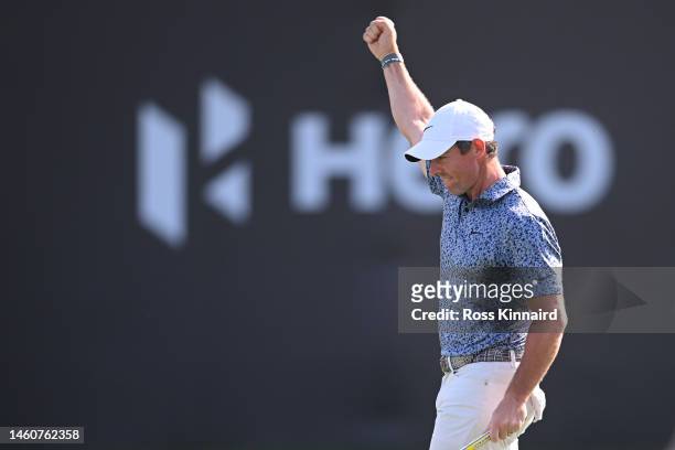 Rory McIlroy of Northern Ireland celebrates victory on the 18th green in the Final Round on Day Five of the Hero Dubai Desert Classic at Emirates...