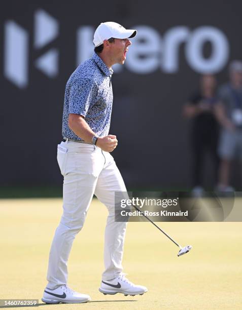 Rory McIlroy of Northern Ireland celebrates victory on the 18th green in the Final Round on Day Five of the Hero Dubai Desert Classic at Emirates...