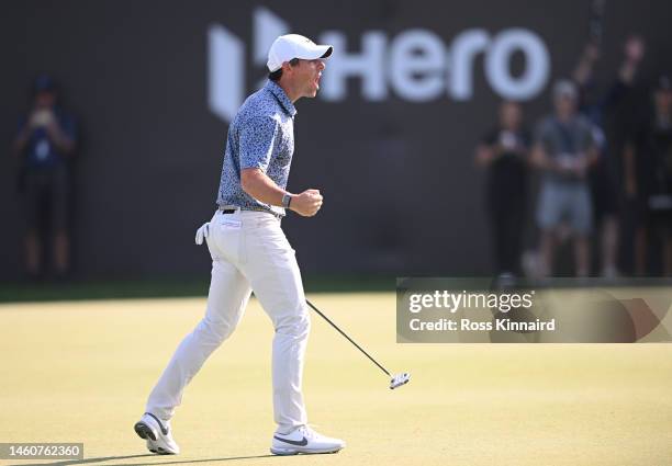 Rory McIlroy of Northern Ireland celebrates victory on the 18th green in the Final Round on Day Five of the Hero Dubai Desert Classic at Emirates...