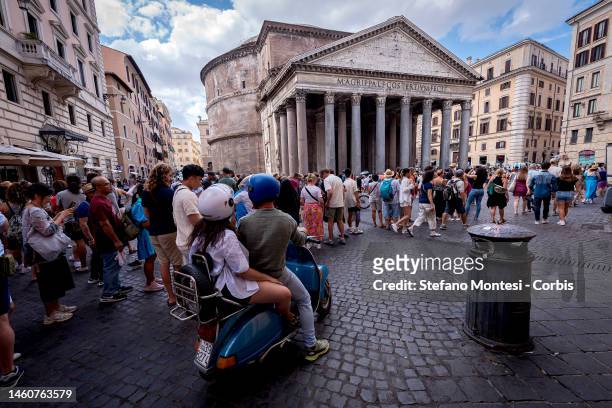 Tourists lined up to enter Pantheon - Basilica of Santa Maria ad Martyres on first day of general admission on July 03, 2023 in Rome, Italy. As of...