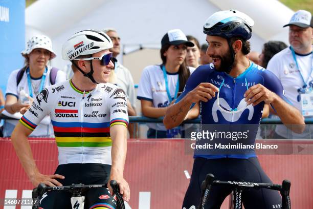 Remco Evenepoel of Belgium and Team Soudal Quick-Step and Fernando Gaviria of Colombia and Movistar Team prior to the 39th Vuelta a San Juan...