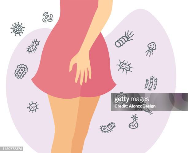 ilustraciones, imágenes clip art, dibujos animados e iconos de stock de infección vaginal. mujer con picazón genital causada por el hongo. síntomas vaginales de la infección por levaduras. - genital herpes