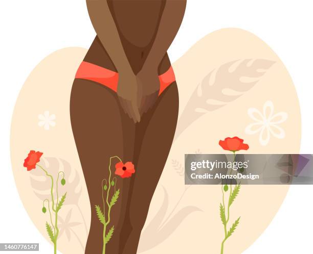 afrikanische frau in unterwäsche. frauenhygiene. menstruationsperiode. menopause. harninkontinenz. - urologie stock-grafiken, -clipart, -cartoons und -symbole